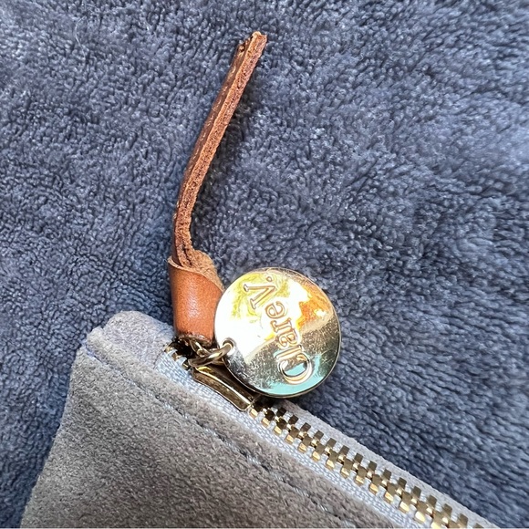 Clare V. Suede Gray Clutch Bag Black Pink Red Leather Stripes Gold Tone Charm